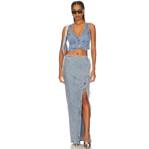 NEW Retrofete Denim Jean Maxi Skirt Lace Up Size 26 - Picture 1 of 7